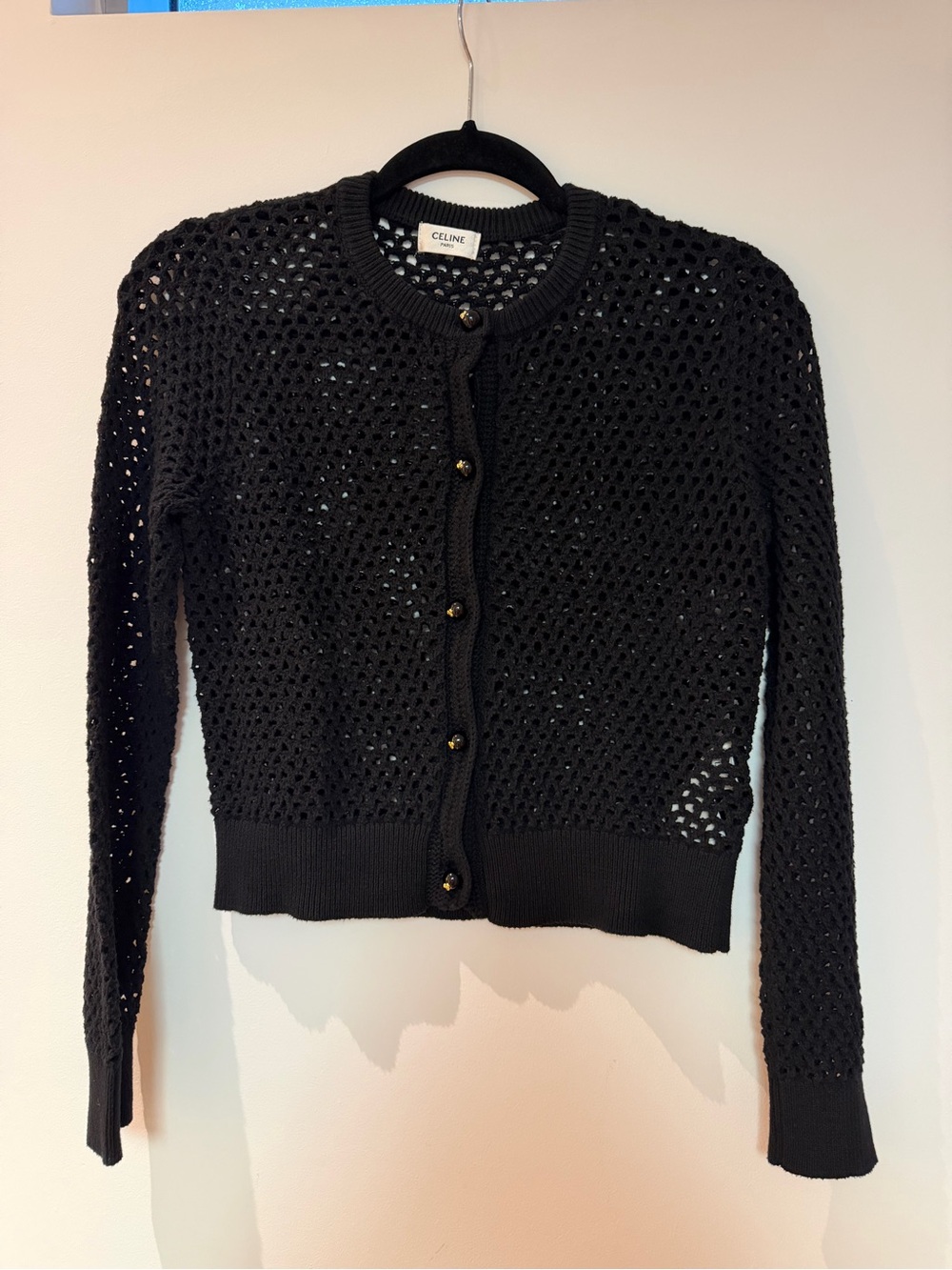 Celine Black Open-Knit Cardigan with Gold Buttons